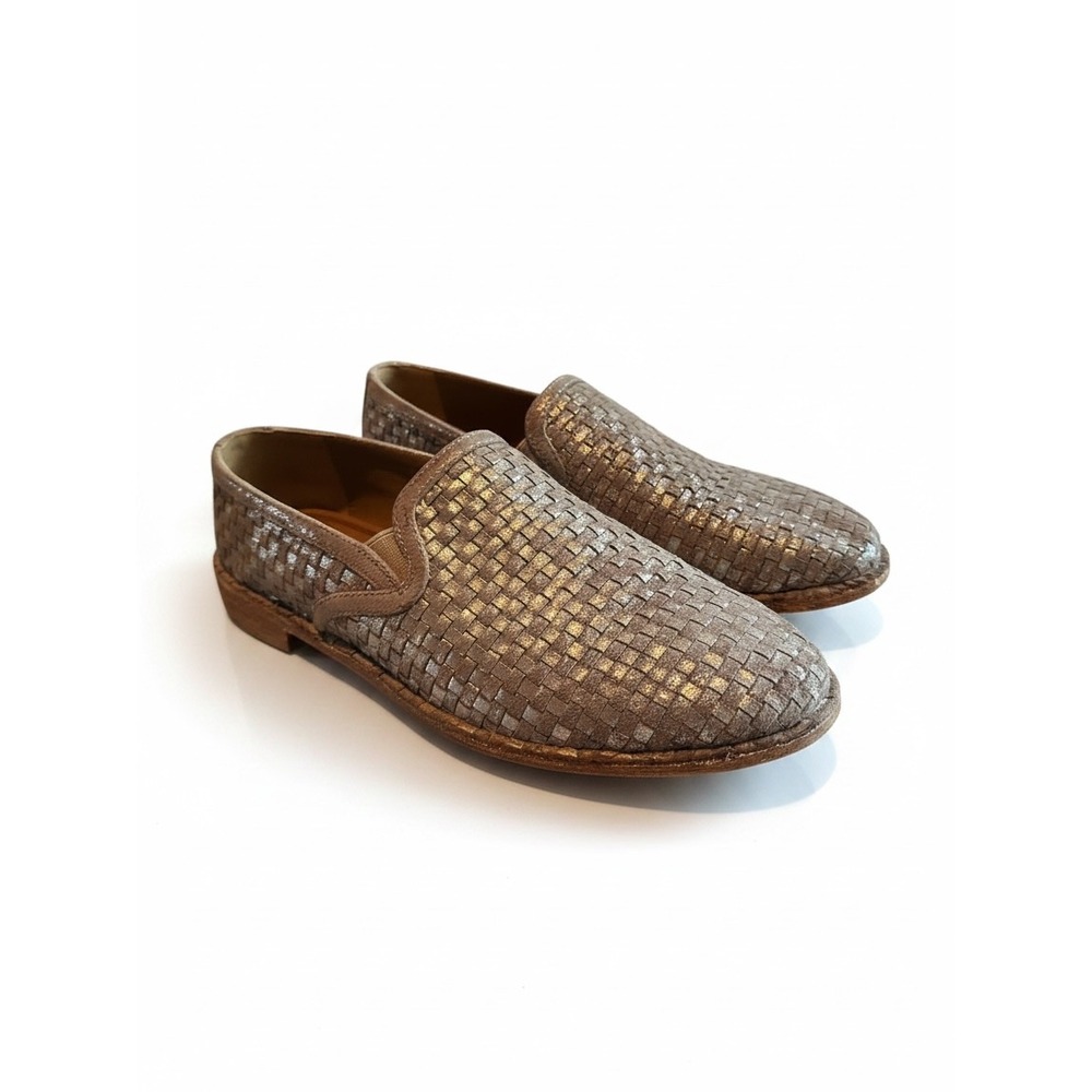 Trask Ali Woven Loafers 8M Pewter Metallic Leather Slip On Flats Artisan Boho